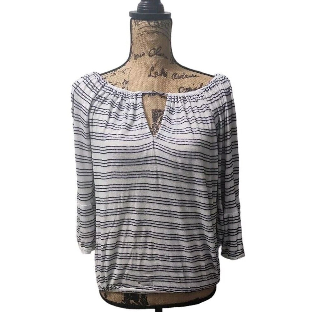 Lucky Brand Women Size XS Keyhole 3/4 Sleeve Blouse White Striped